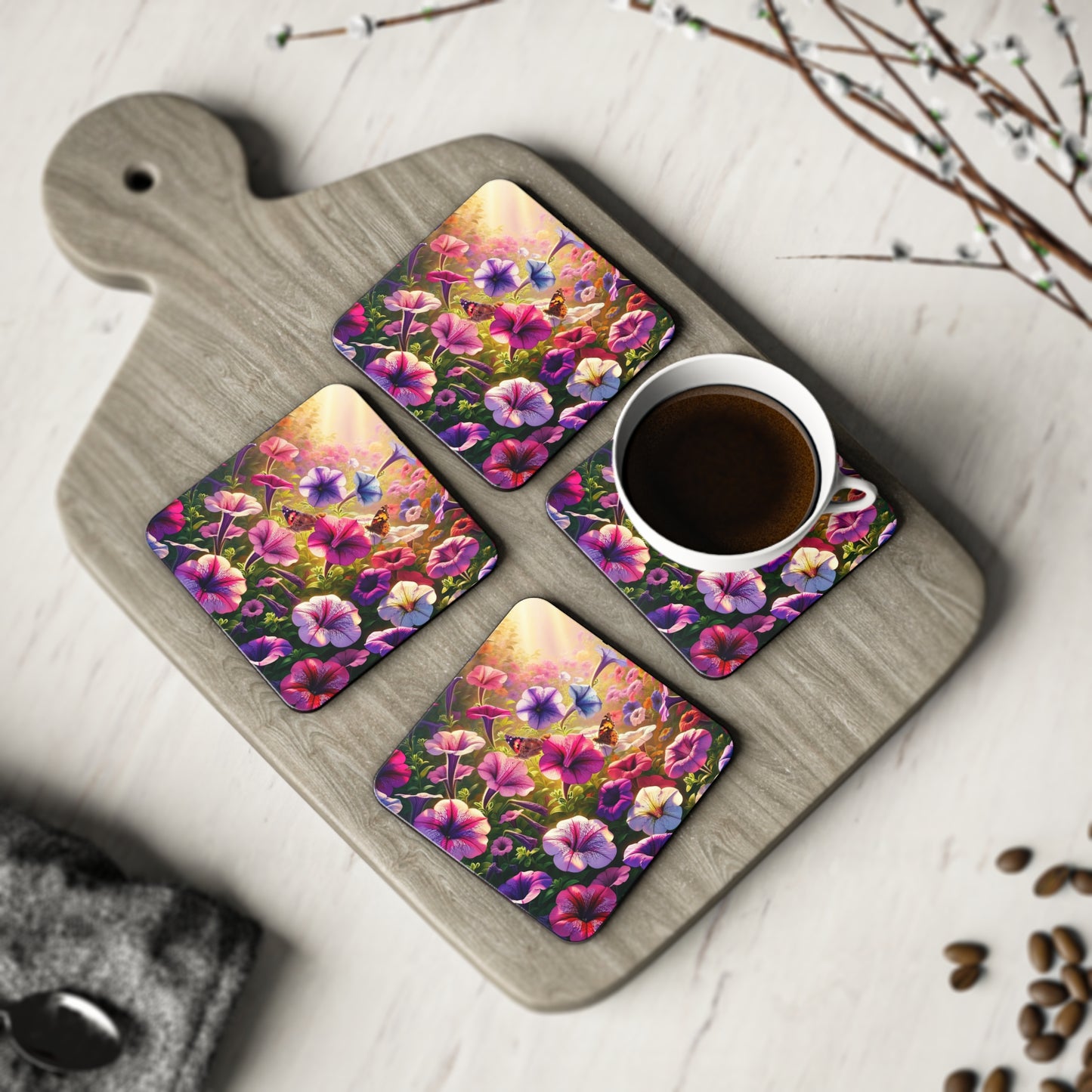 Petunias and Butterflies Drink Coasters, Floral Coasters, Garden Coasters, Spring Home Decor, Set of Coasters
