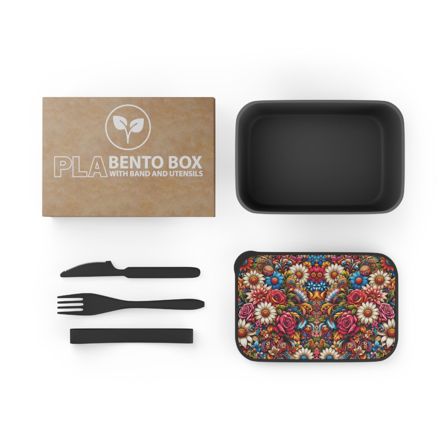 Bento Box - Colorful Flower Patterned Bento Box with Band and Utensils, Floral Design, Lunch Container, Food Storage Container, Eco-Friendly