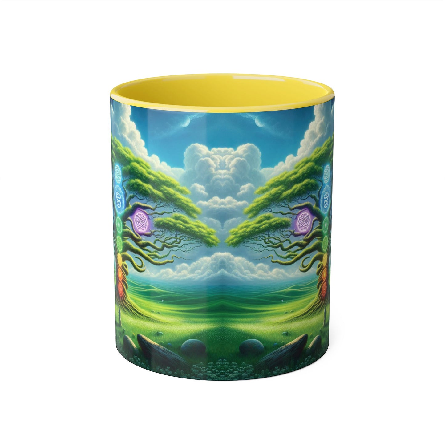 Chakra Tree Accent Mug, 11oz - Ceramic Tea Cup, Reiki Energy Drinkware, Spiritual Gift, Yoga Meditation Coffee Mug, Tree of Life Kitchen