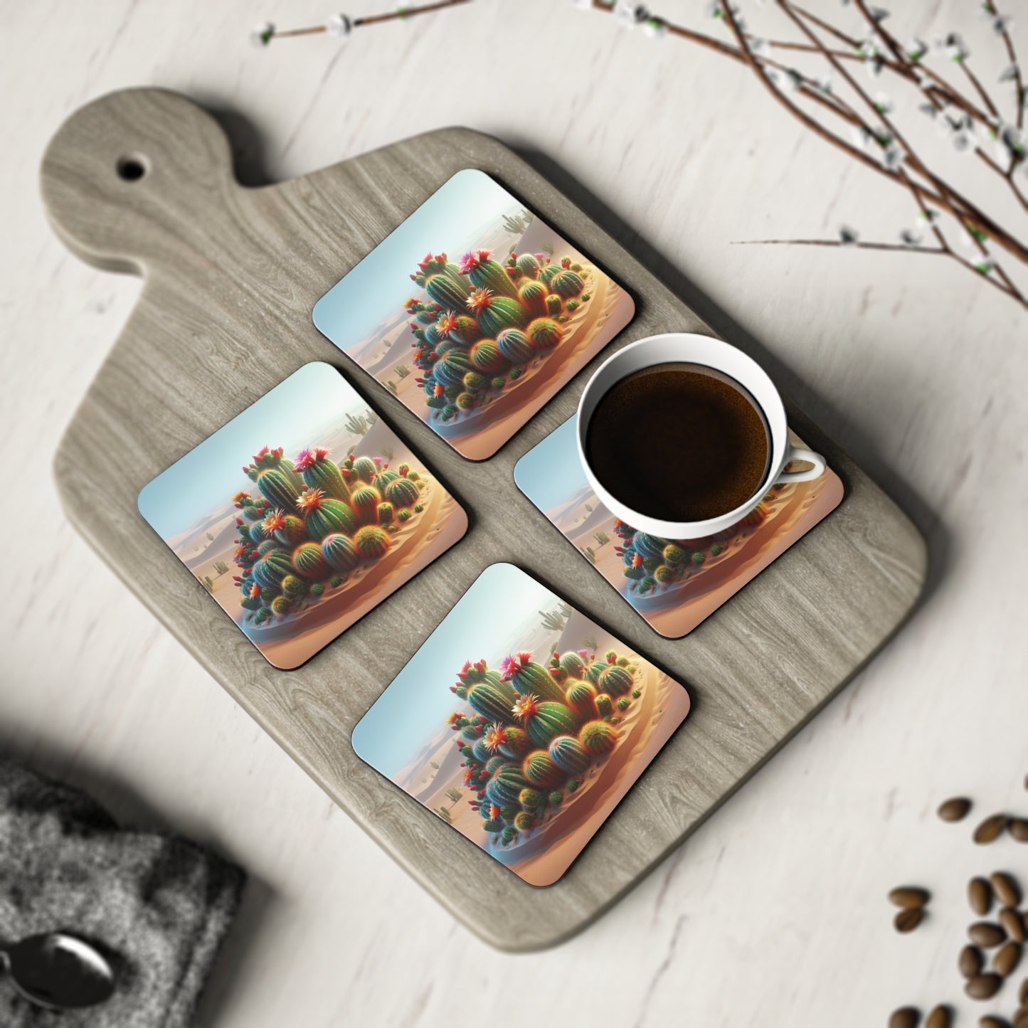 Cactus Coasters, Southwest Desert Plant Drink Holders, Succulent Home Decor, Set of 4 Ceramic Tiles, Holiday Housewarming Gift, Kitchen