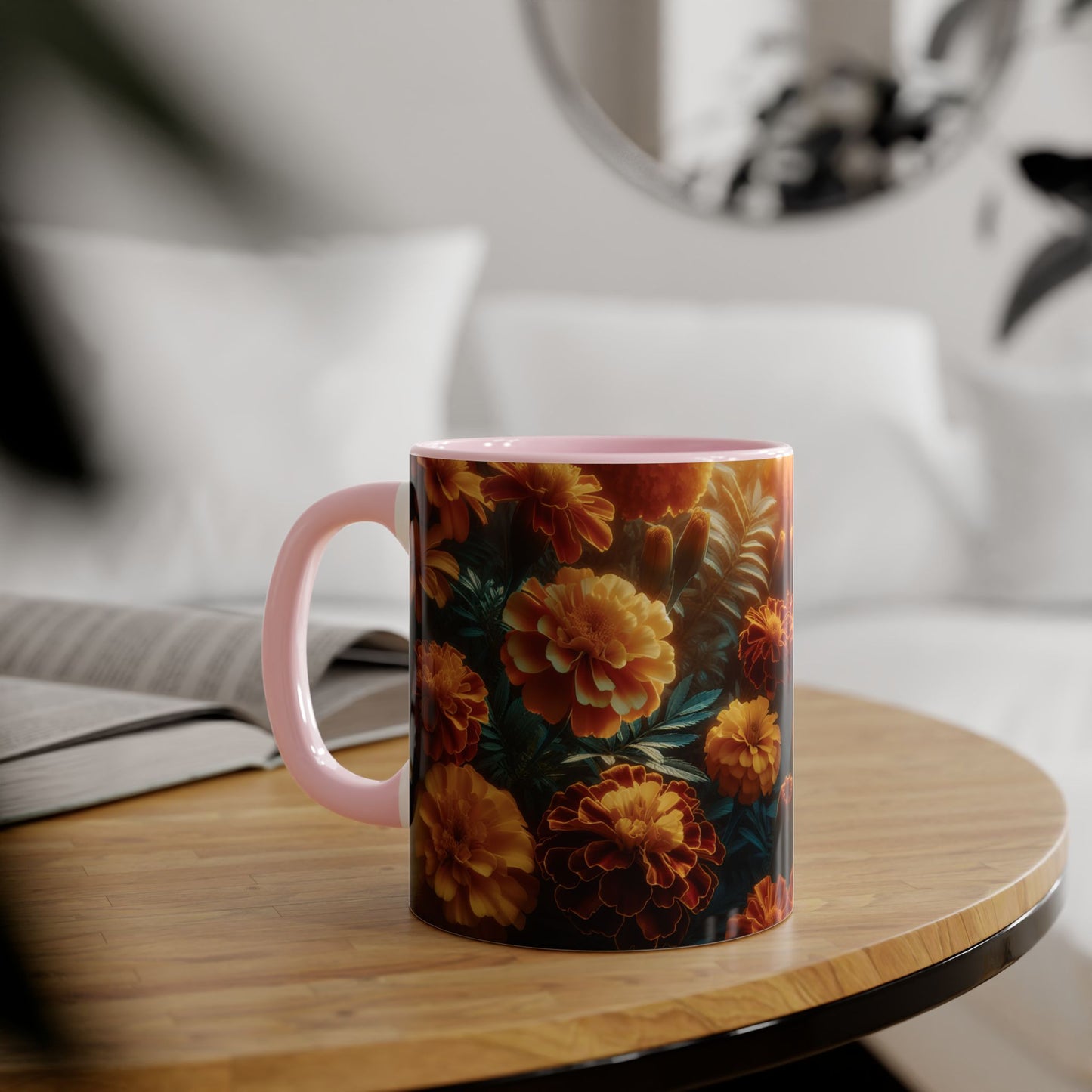 Orange Marigolds Accent Mug, Floral Coffee Cup, Botanical Tea Mug, Nature Lover Gift, Garden Theme Kitchen Decor