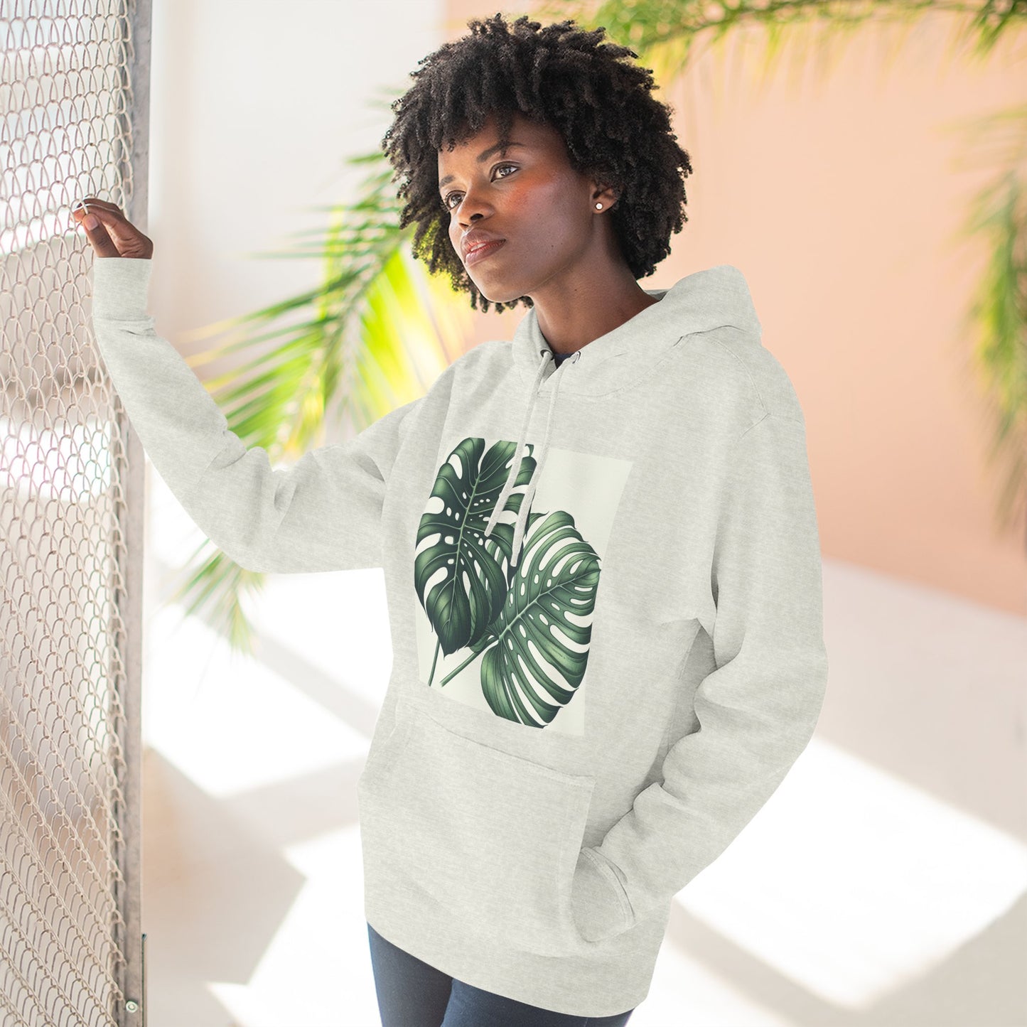 Tropical Fleece Hoodie - Monstera Leaf Design