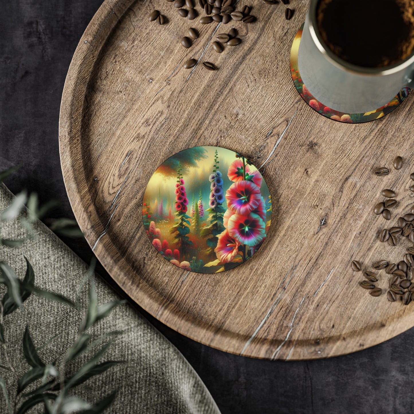 Hollyhock Coasters, hollyhock blooms drink coasters, floral coasters, home decor, housewarming gift, gardening gift