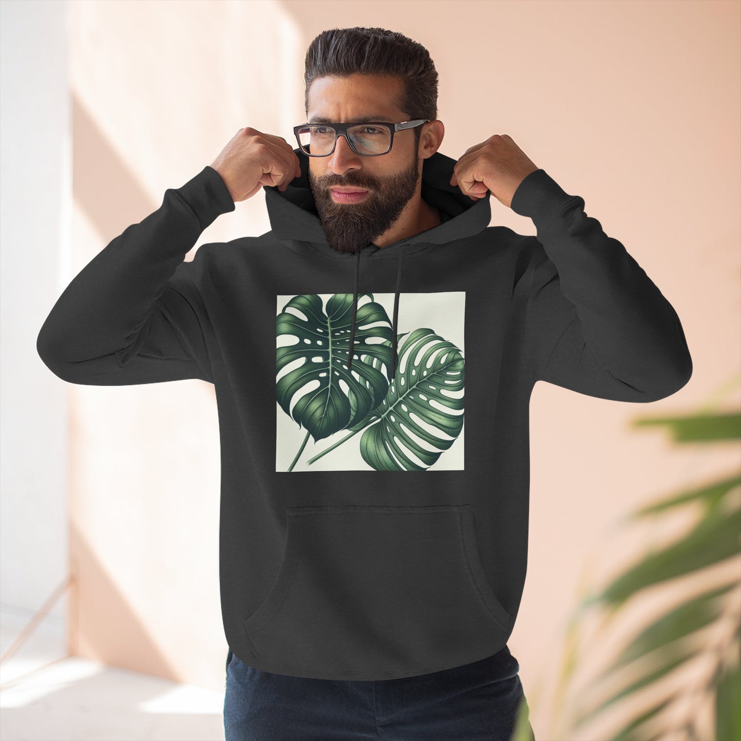 Tropical Fleece Hoodie - Monstera Leaf Design