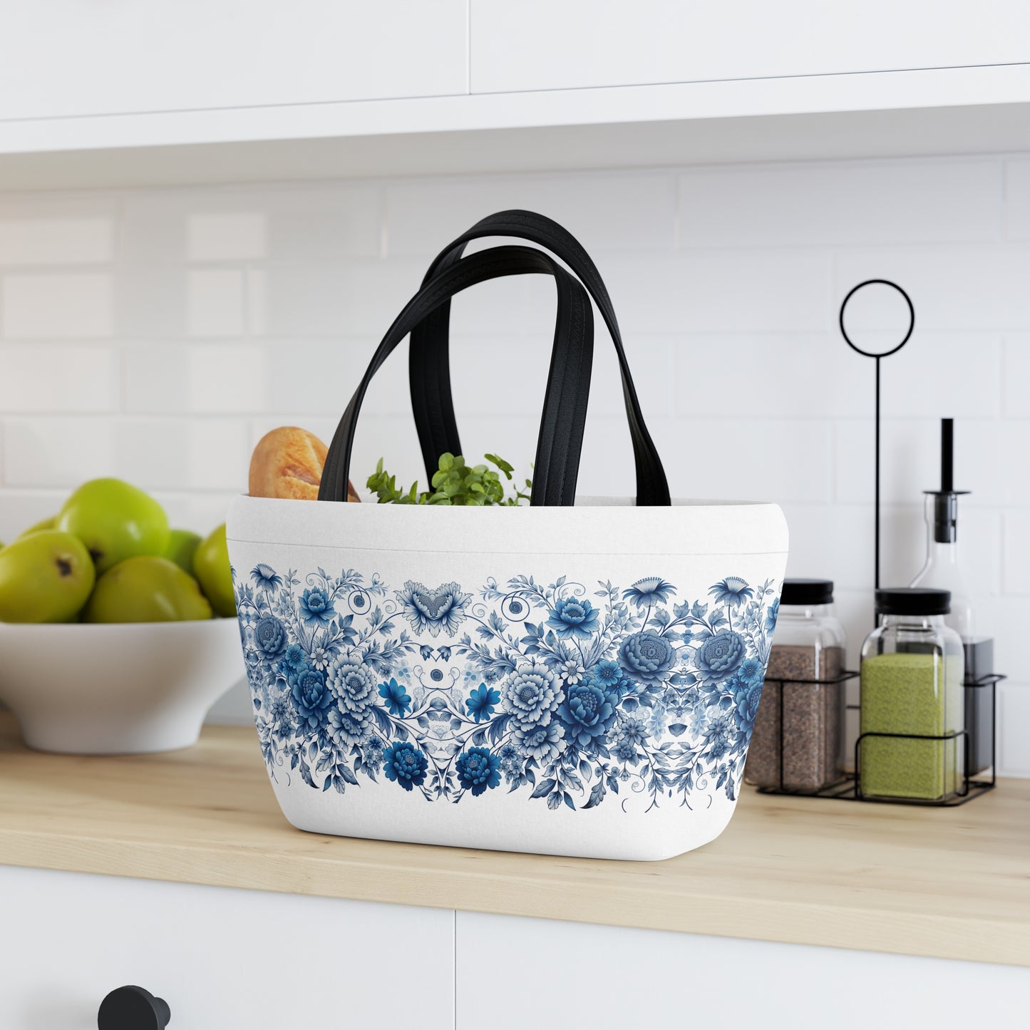 Blue Floral Lunch Bag - Insulated Food Tote, Flower Print Lunchbox, Picnic Cooler, Reusable Lunch Sack, Lunchtime Accessory
