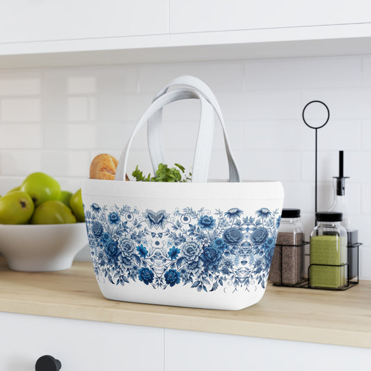 Blue Floral Lunch Bag - Insulated Food Tote, Flower Print Lunchbox, Picnic Cooler, Reusable Lunch Sack, Lunchtime Accessory