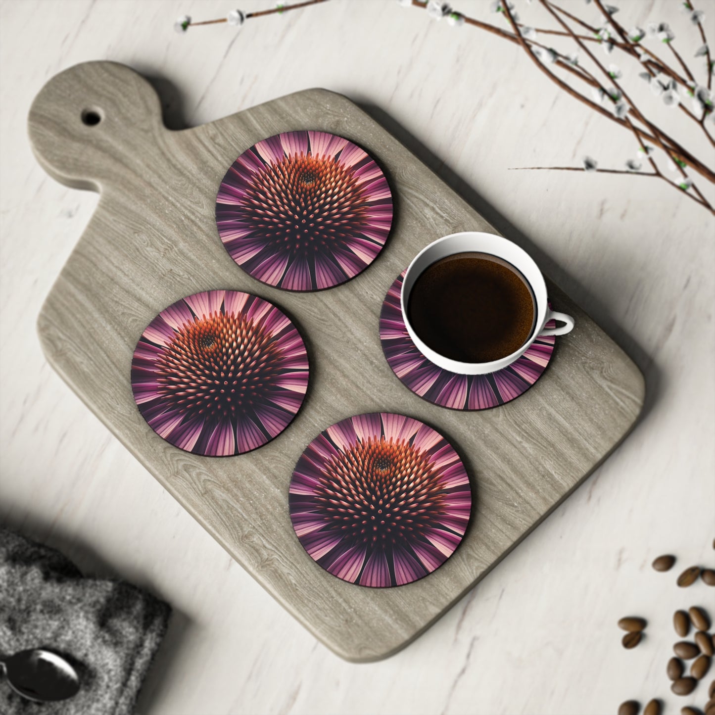 Coneflower Coasters, Coneflower Bloom Drink Coaster Set, Botanical Home Decor, Table Protection, Housewarming Gift, Kitchen Accessories