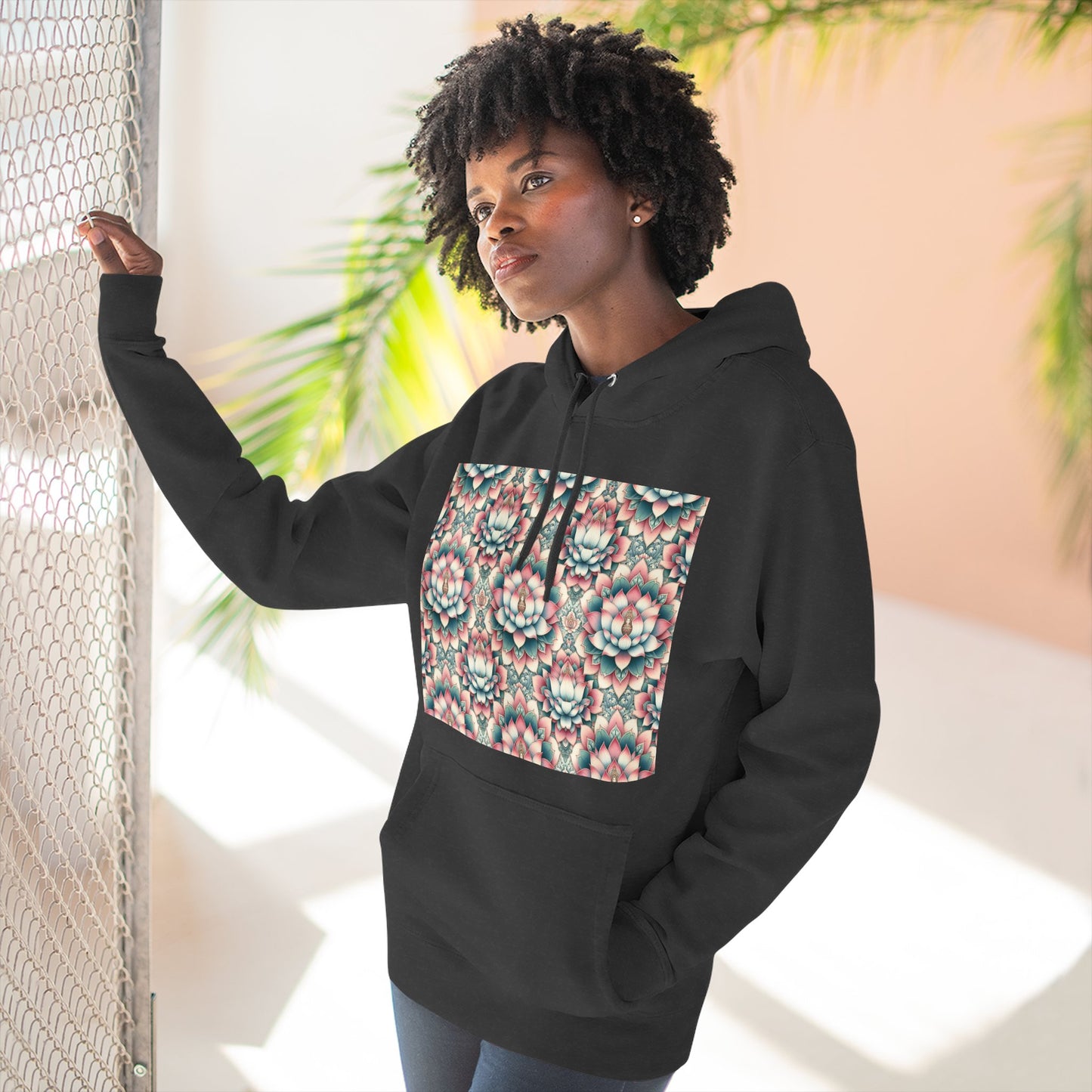 Fleece Hoodie with Lotus Flower Design