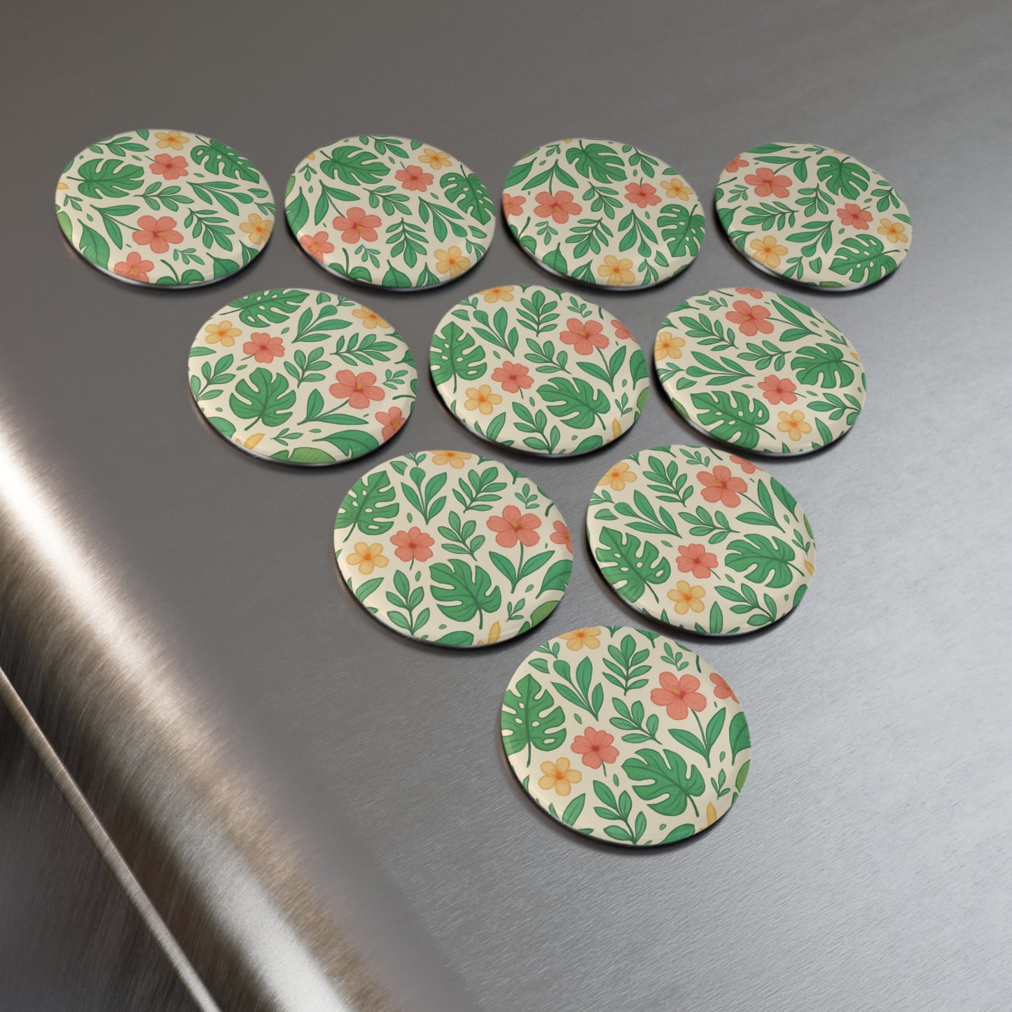 Tropical Floral Button Magnet, Round (1 & 10 pcs), Fridge Decor, Cute Kitchen Accessories, Gift for Her, Floral Print Magnet, Refrigerator