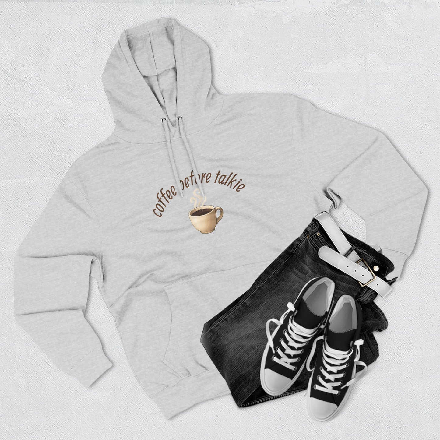 Fleece Hoodie: Coffee Before Talkie, Caffeine Lover Sweatshirt, Three-Panel Pullover, Unisex Hooded Top