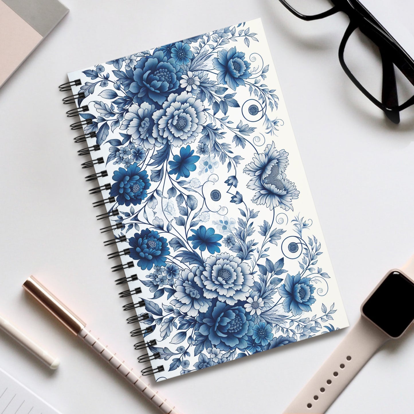 Elegant Floral Spiral Journal for Note-Taking, Gift, Journaling, Blue Flower Design, Stationery, Writing
