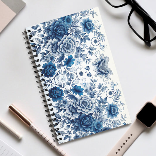 Elegant Floral Spiral Journal for Note-Taking, Gift, Journaling, Blue Flower Design, Stationery, Writing