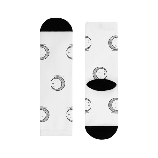 Crescent Moon Crew Socks, Minimalist Lunar Design, Night Sky Apparel, Black White Patterned Footwear, Gift for Moon Lovers,