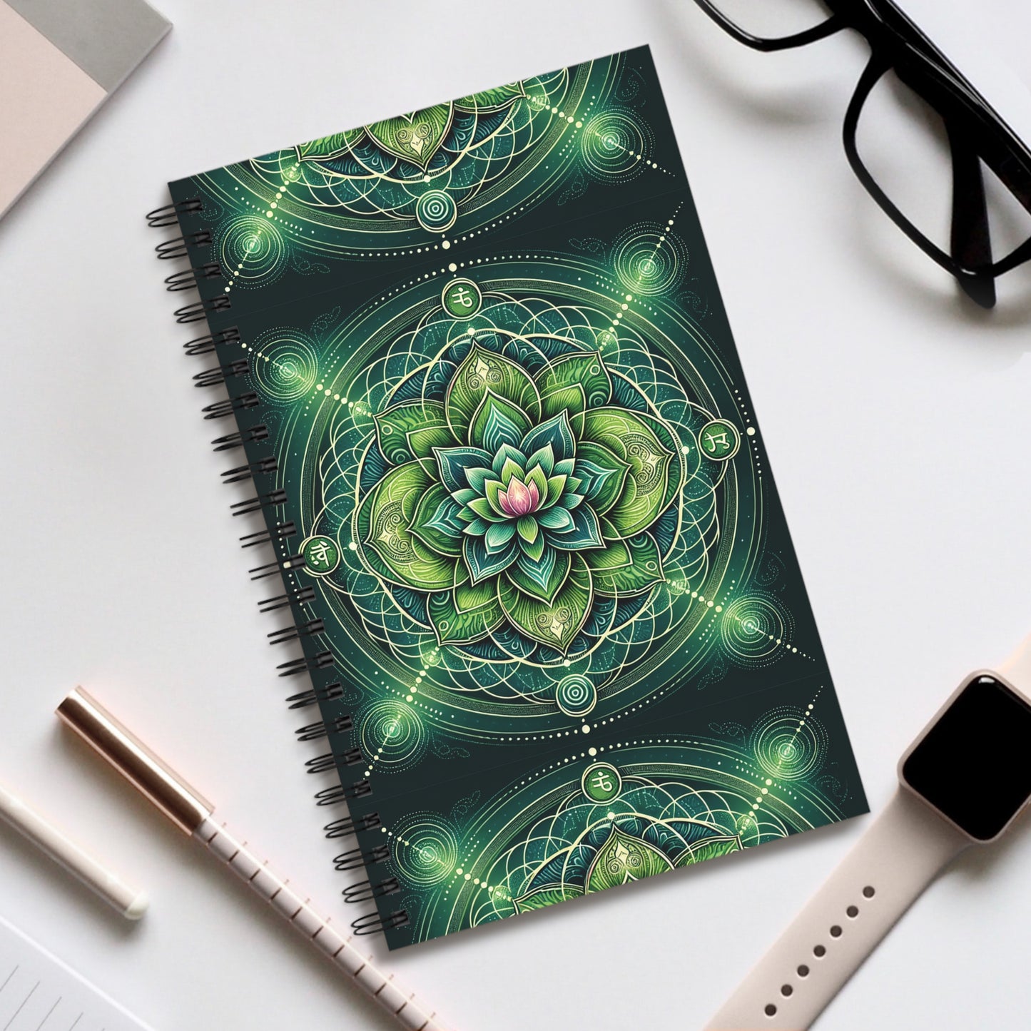 Heart Chakra Spiral Journal, Meditation Diary, Mindfulness Journal, Gift for Yogis, Greenery Design