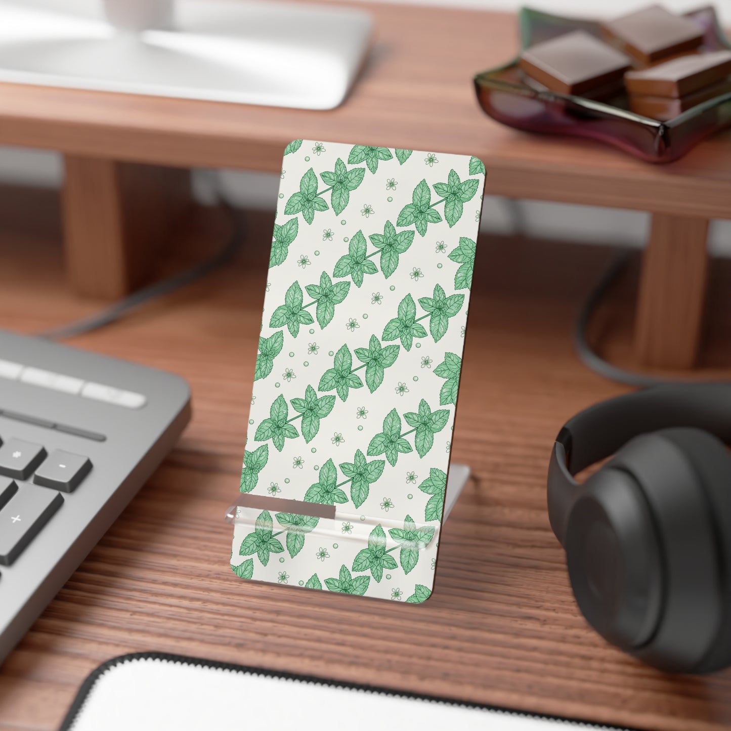 Floral Mint Clover Phone Stand — Foldable Mobile Display Stand for Smartphones