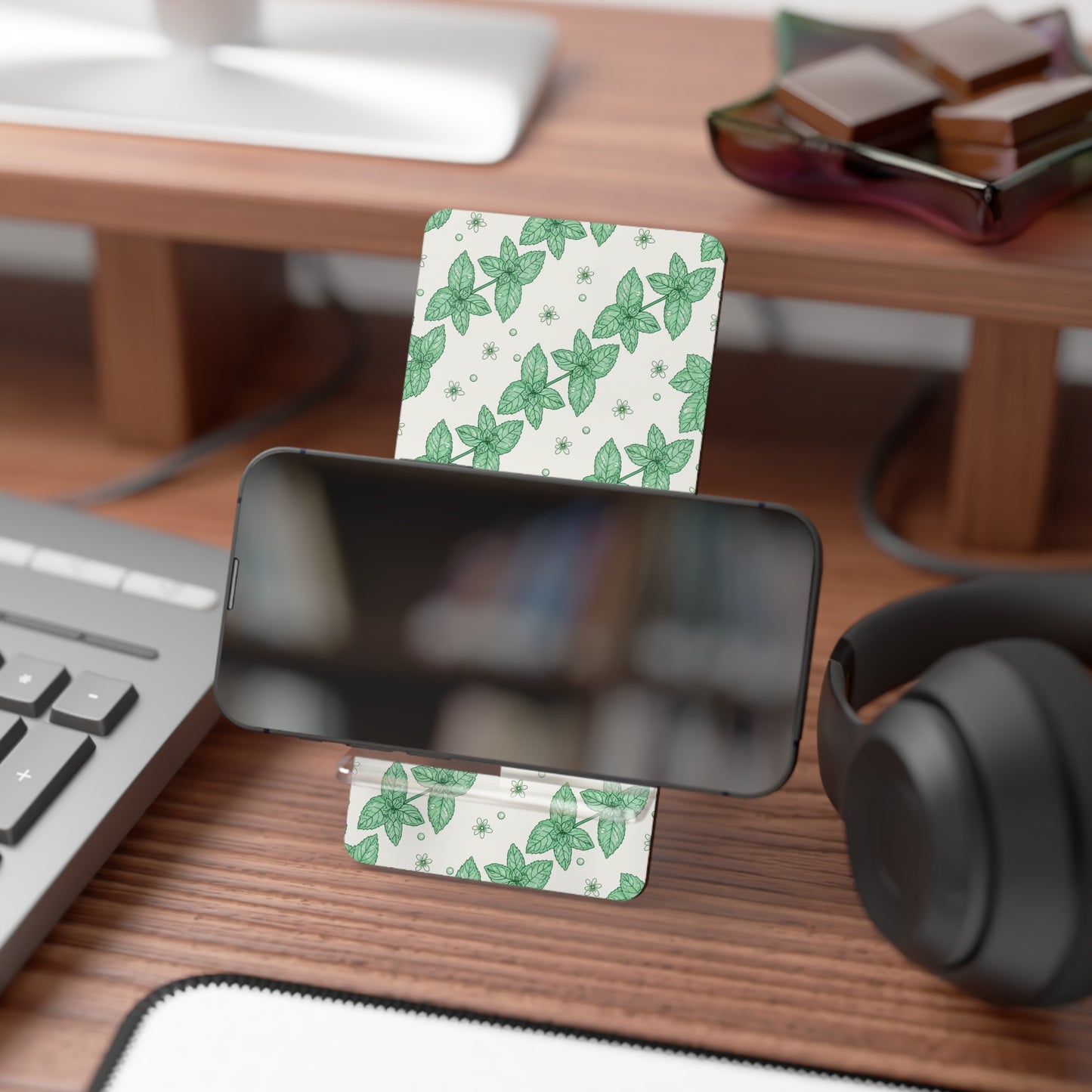 Floral Mint Clover Phone Stand — Foldable Mobile Display Stand for Smartphones