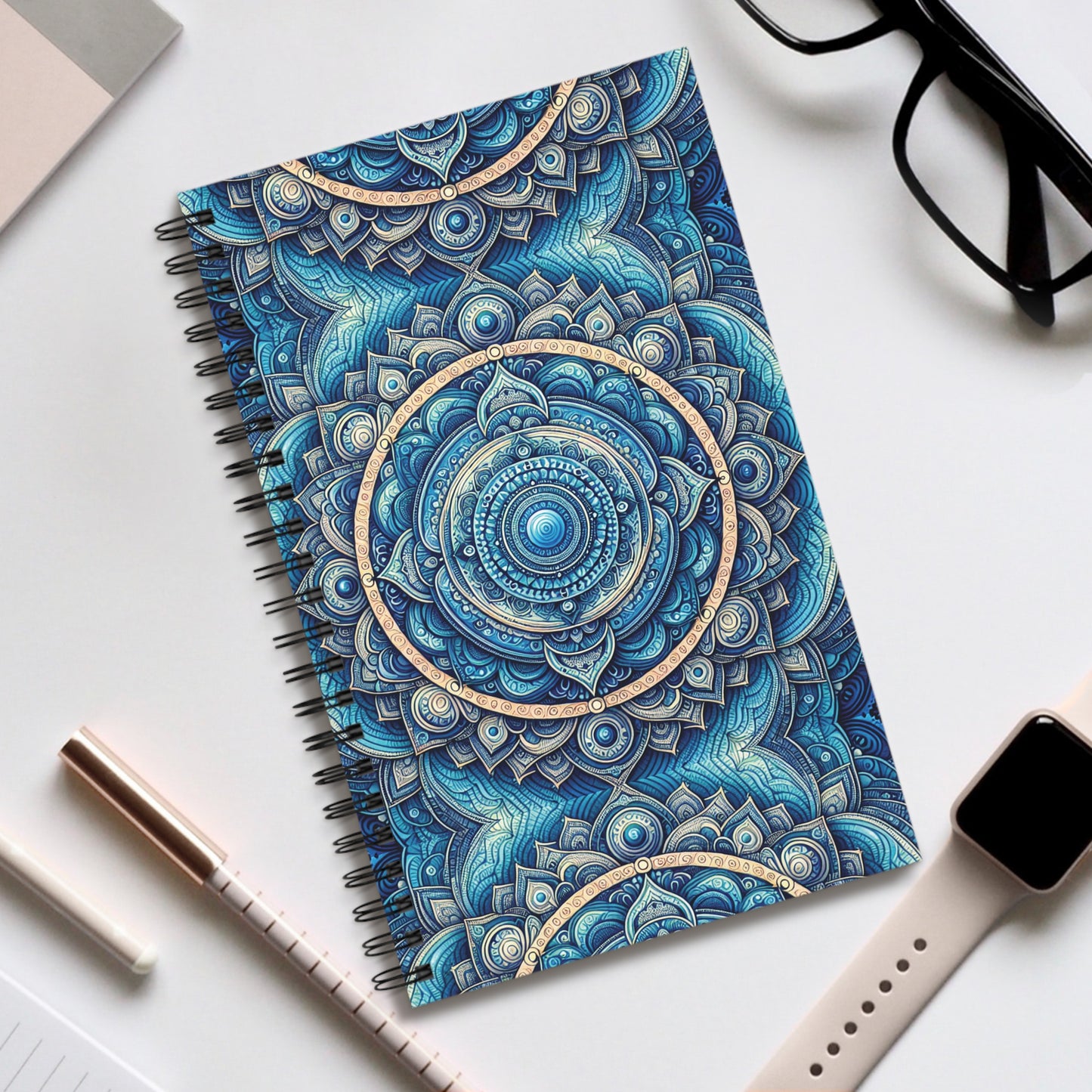 Throat Chakra Spiral Journal, Mandala Design, Blue Notebook for Writing, Meditation Diary, Art Sketchbook, Gift for Students