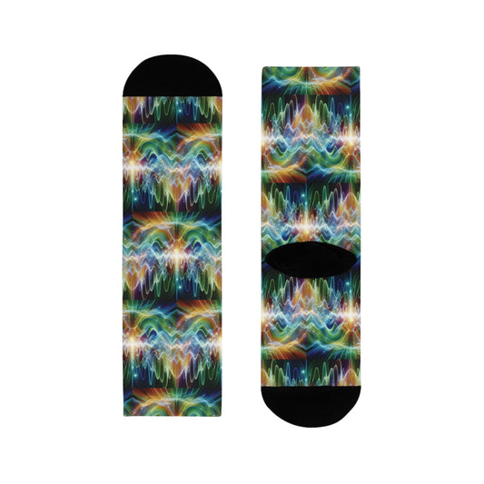 Vibrant Frequency Waves Design Sublimation Crew Socks - , Colorful Patterned Footwear, Unique Athletic Wear, Trendy Gift for Music Lovers,
