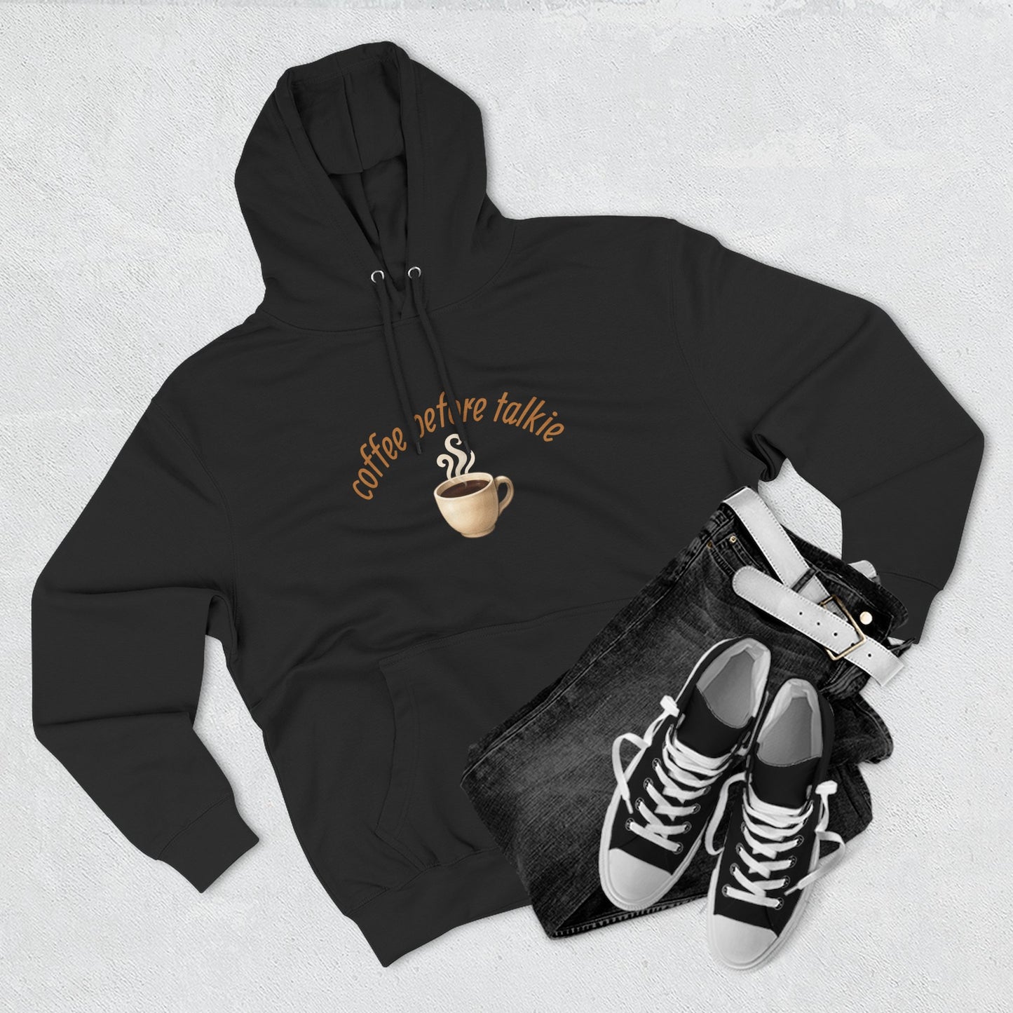 Fleece Hoodie: Coffee Before Talkie, Caffeine Lover Sweatshirt, Three-Panel Pullover, Unisex Hooded Top