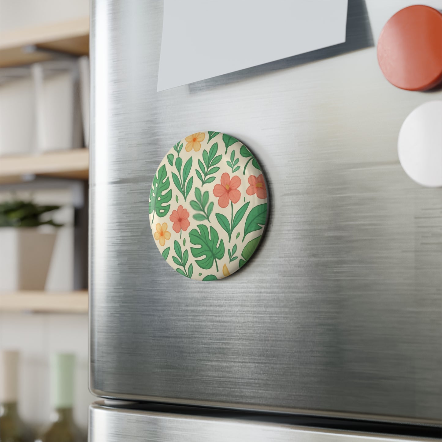 Tropical Floral Button Magnet, Round (1 & 10 pcs), Fridge Decor, Cute Kitchen Accessories, Gift for Her, Floral Print Magnet, Refrigerator