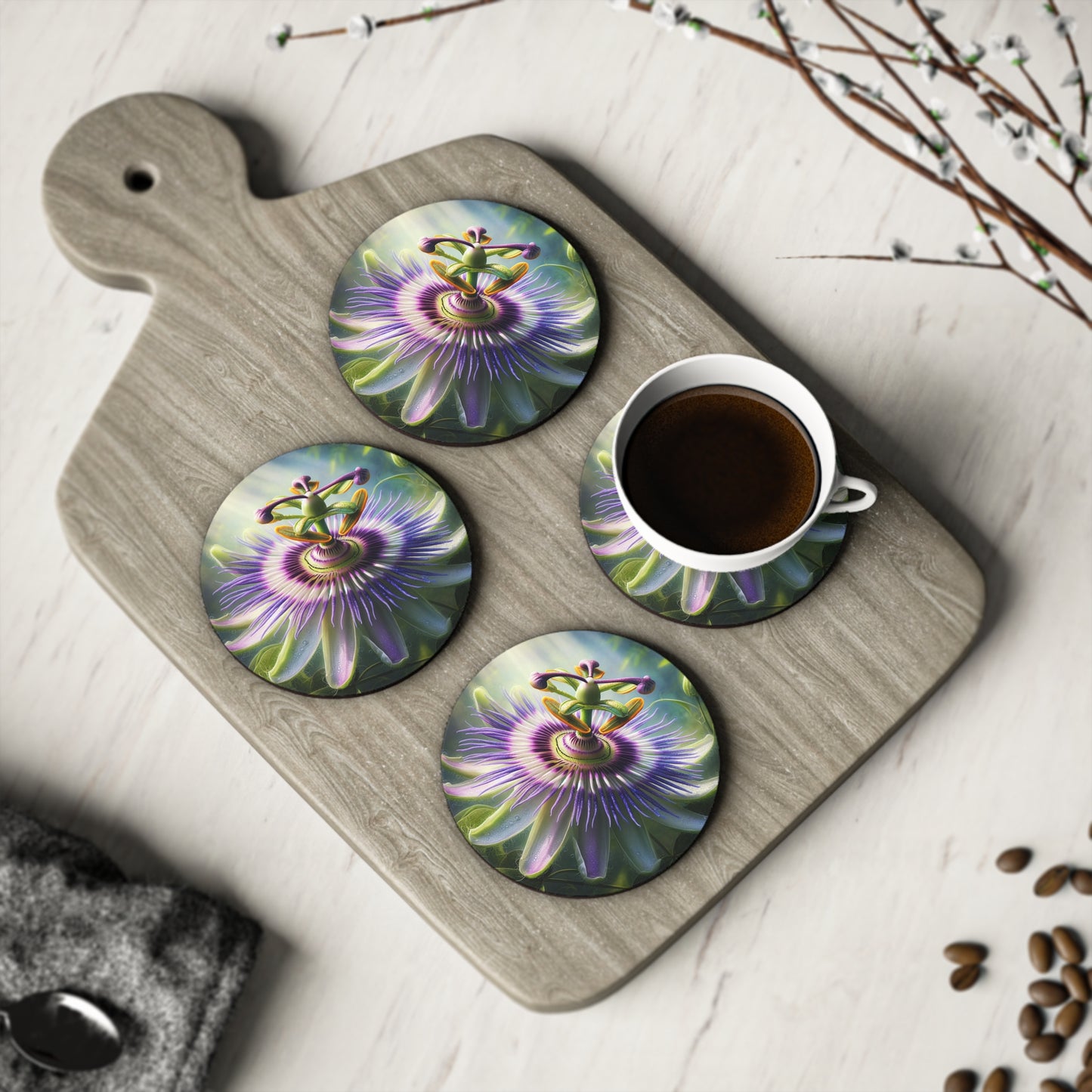 Passionflower Coasters Set, Flower Coasters, Floral Decor, Botanical Coasters, Coffee Table Accessories, Housewarming Gift