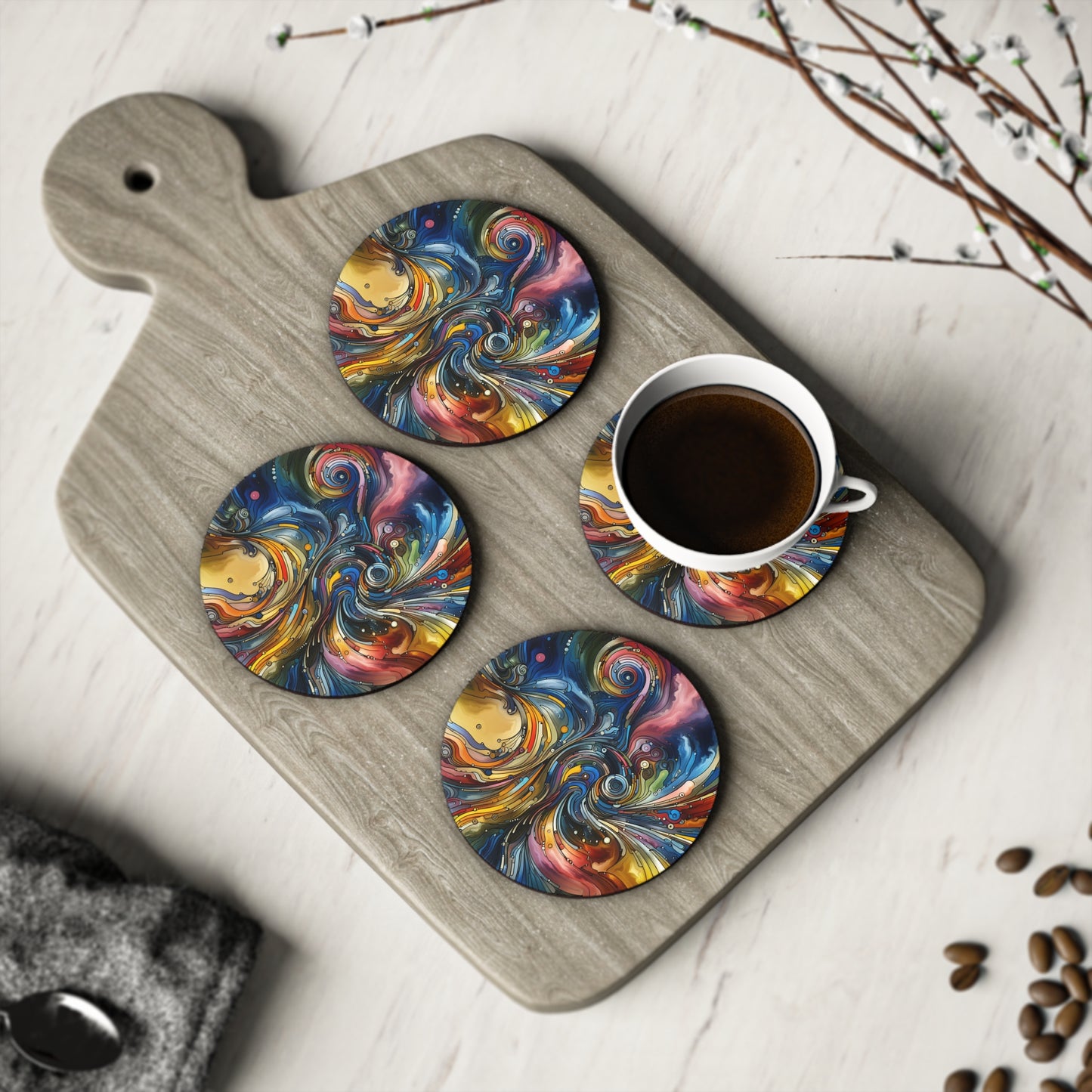 Energy Waves Coasters - Set of 4, Drink Coasters, Geometric Design Coasters, Housewarming Gift, Home Decor, Kitchen Accessories