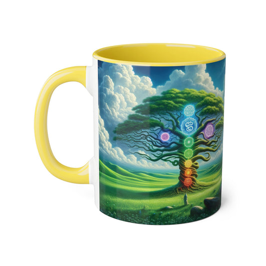 Chakra Tree Accent Mug, 11oz - Ceramic Tea Cup, Reiki Energy Drinkware, Spiritual Gift, Yoga Meditation Coffee Mug, Tree of Life Kitchen