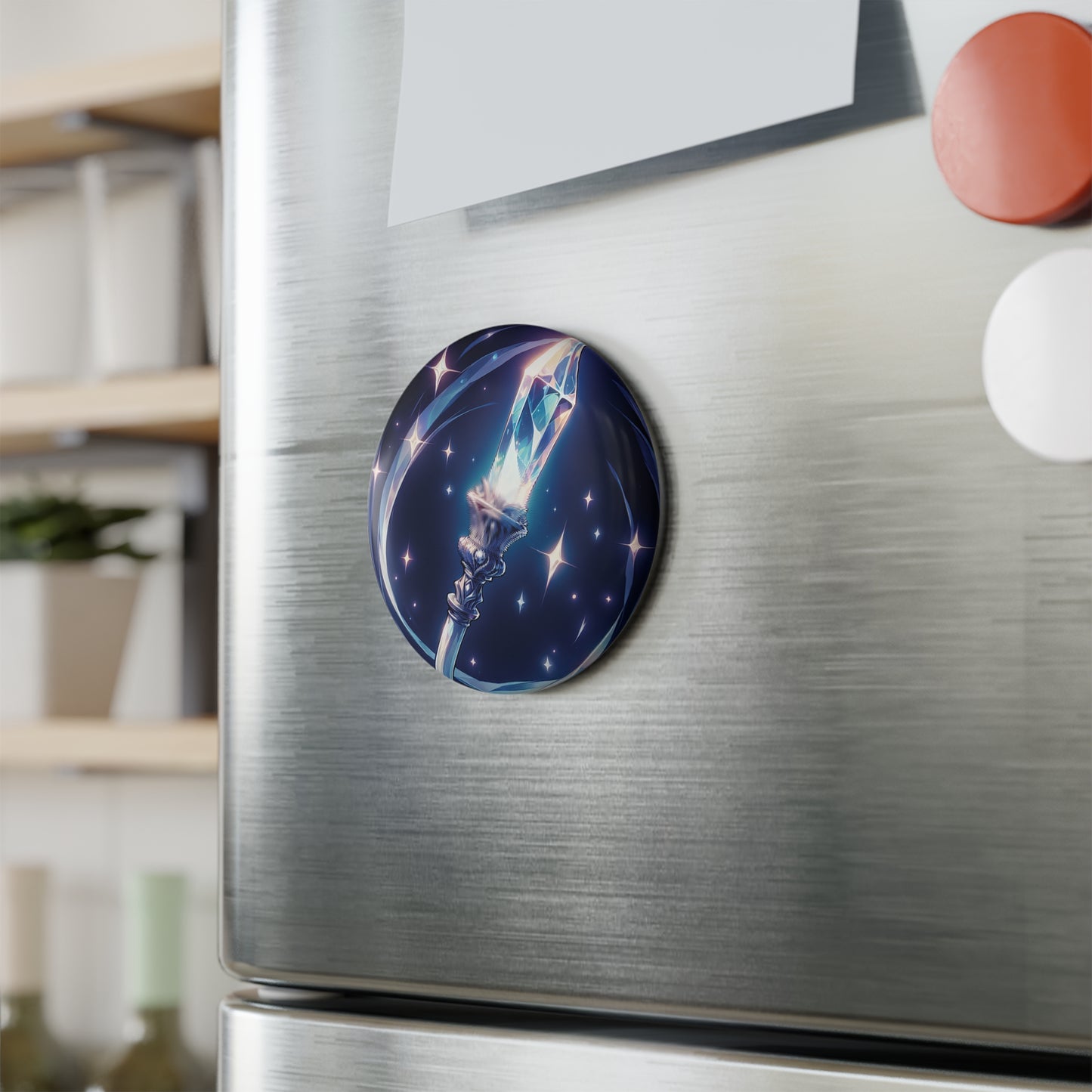 Magical Crystal Wand Button Magnet - Fantasy Decor, Sorcerer Gift, Home Office Decor, Birthday Party Favor, Collectible Art