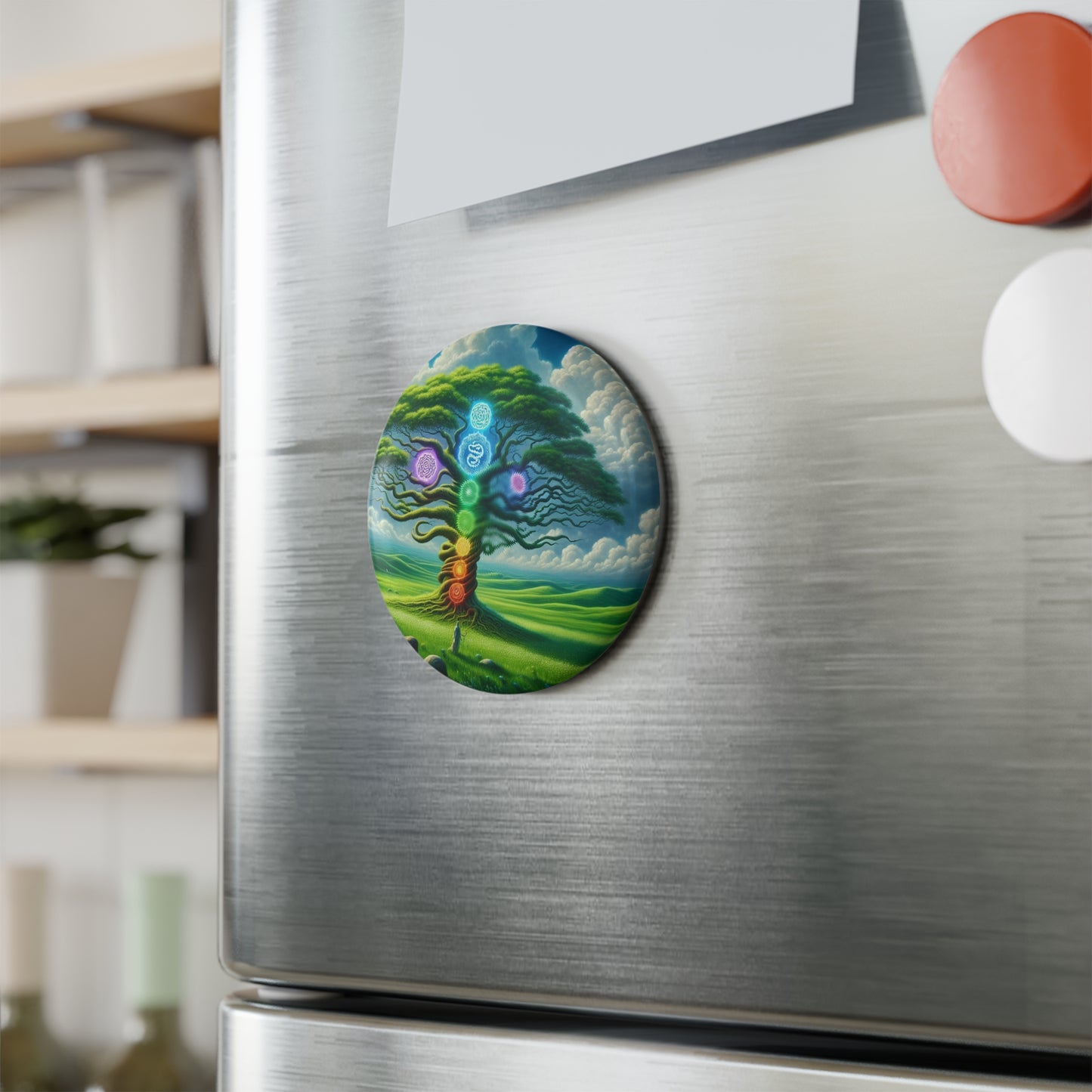 Button Magnet - Chakra Tree Design, Healing Energy Zen Wellness Fridge Magnets, Reiki Meditation, Spiritual Gift, Yoga Decor, Mindfulness